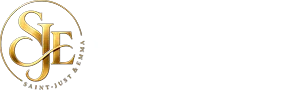 Saint-Just & Emma, retour à l’accueil. Le logo est formé de l’union des initiales SJ & E, dans un cercle sur fond noir